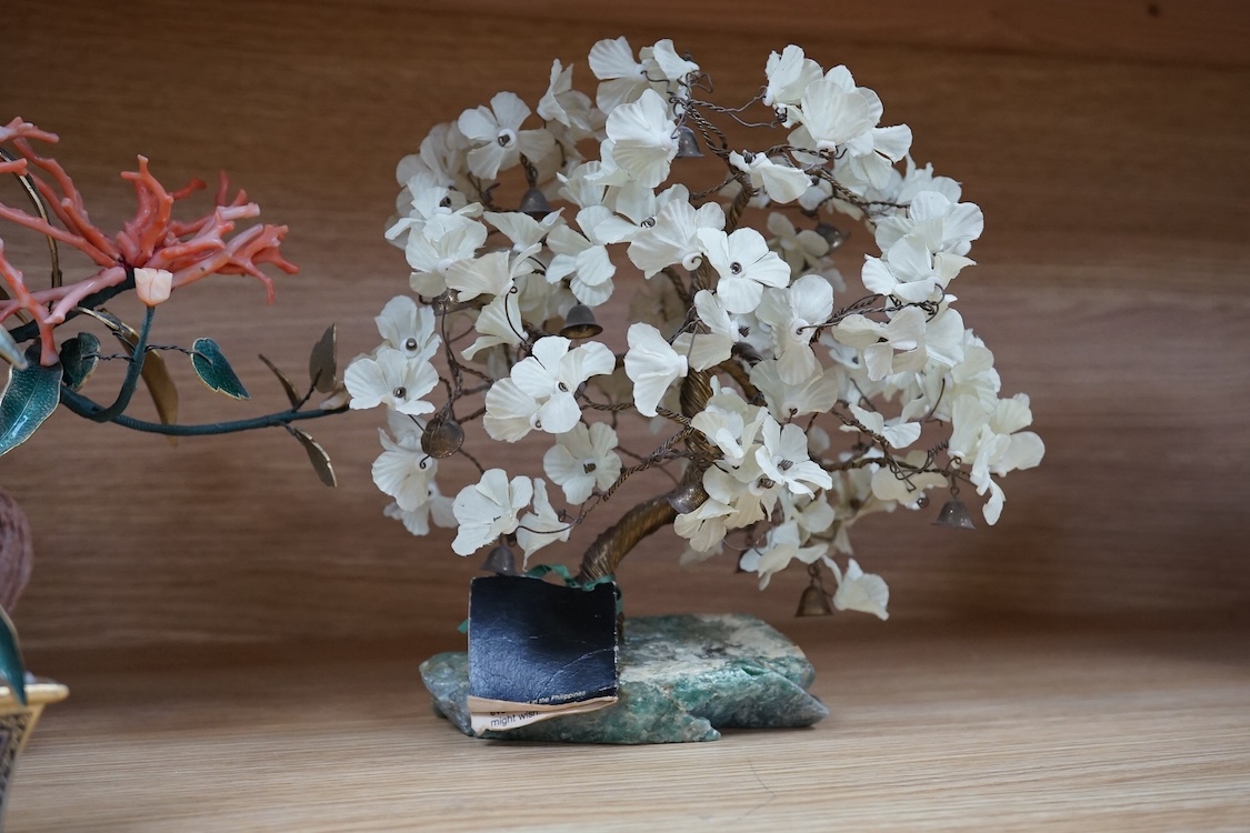 Five miniature Chinese enamel and coral bonsai trees and planters, largest 22cm high